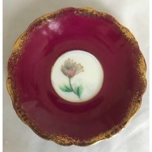 Vintage Royal Sealey Japan Porcelain Saucer Burgundy/Gold Iridescent Flower RARE